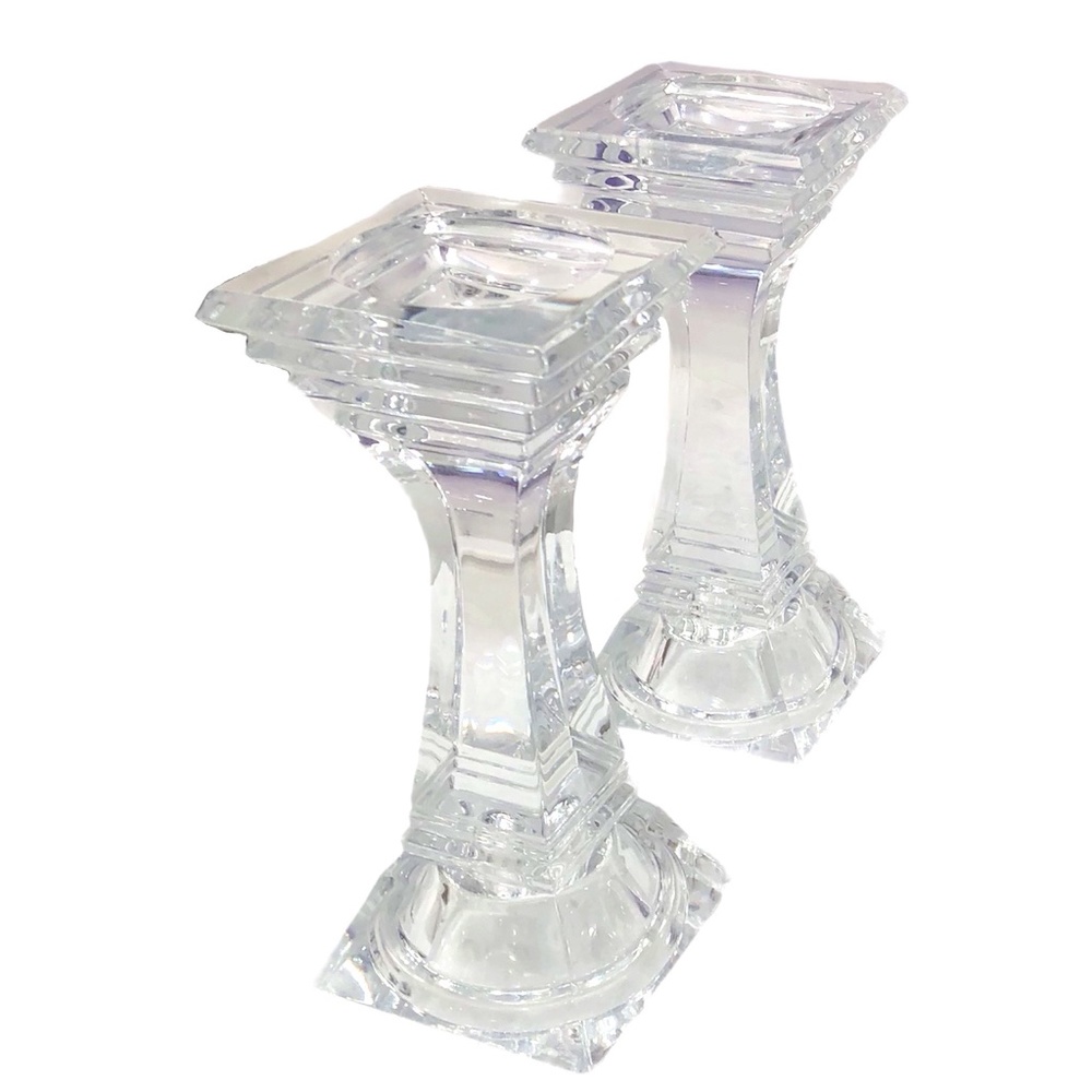 MID CENTURY VINTAGE LEAD CRYSTAL PEDESTAL CANDLESTICKS - SET OF 2